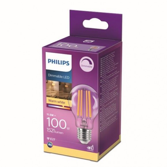 Philips 8718699788407 LED žárovka 1x11,5W | E27 | 1521lm | 2700K - teplá bílá, stmívatelná, čirá, Eyecomfort