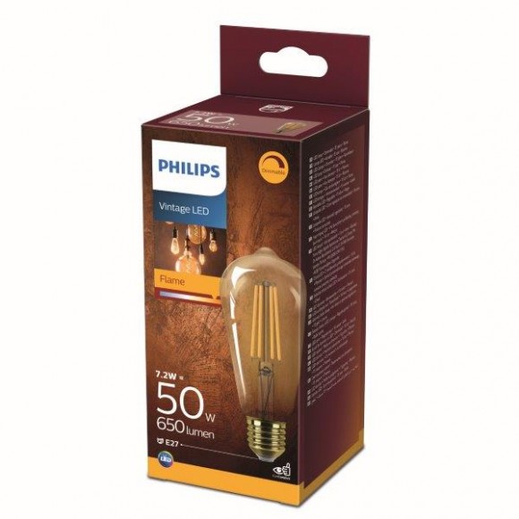 Philips 8718699788766 LED žárovka Vintage 1x7,2W | E27 | 650lm | 2200K - plamen, stmívatelná, jantarová, Eyecomfort