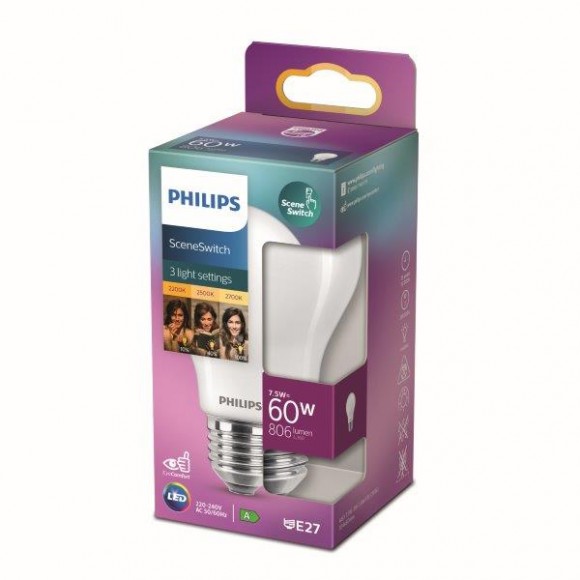 Philips 8719514263963 LED žárovka 1x7,5W | E27 | 1055lm | 2200-2500-2700K - 3 světelné módy, matná bílá, EyeComfort