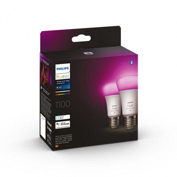 Philips Hue 8719514291317 LED žárovka E27 2x9W | E27 | 1100lm | 2000-6500K | RGB - set 2 ks, stmívatelné, Bluetooth, White and color Ambiance