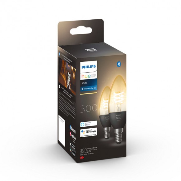 Philips Hue 8719514302211 LED filamentová žárovka 2x4,5W | E14 | 3000lm | 2100K - set 2 ks, Bluetooth, stmívatelná, White