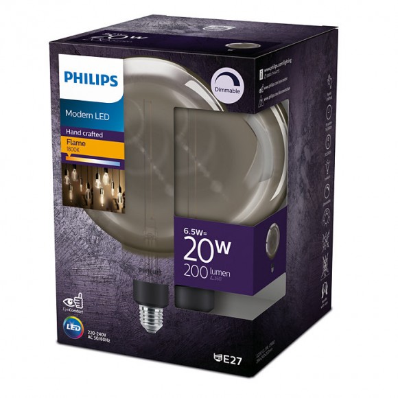 Philips 8719514315396 LED žárovka 6,5W/20W | E27 | 200lm | 1800K | G200 - stmívatelná, kouřová