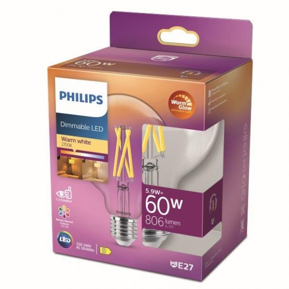 Philips 8719514323957 LED filamentová žárovka 5,9W/60W | E27 | 806lm | 2200-2700K | G93 - stmívatelná, WarmGlow
