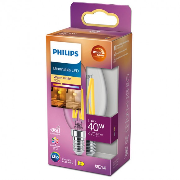 Philips 8719514324213 LED filamentová žárovka 3,4W/40W | E14 | 470lm | 2200-2700K | B35 - stmívatelná, WarmGlow