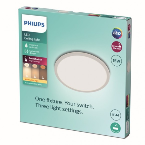 Philips 8719514327184 LED stropní svítidlo Super Slim 1x15W | 1300lm | 2700K | IP44 - EyeComfort, bílá
