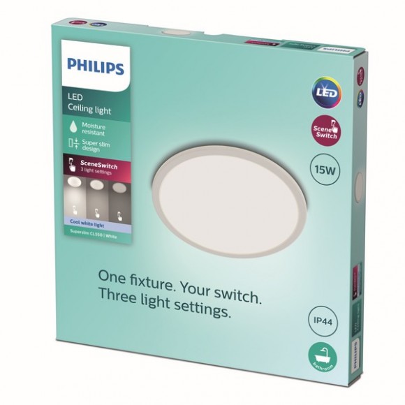 Philips 8719514327221 LED stropní svítidlo Super Slim 1x15W | 1500lm | 4000K | IP44 - EyeComfort, bílá