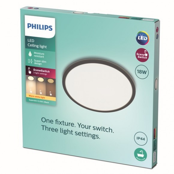 Philips 8719514327283 LED stropní svítidlo Super Slim 1x18W | 1500lm | 2700K | IP44 - EyeComfort, černá