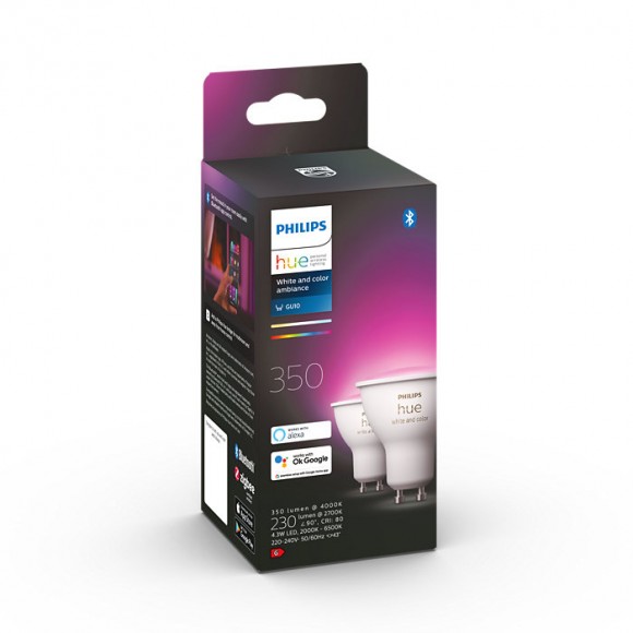 Philips Hue 8719514340084 LED žárovky set 2x4,3W | GU10 | 350lm | 2000-6500K - sada 2ks, Bluetooth, stmívatelné, White and color ambiance + 16 millionů barev, bílá