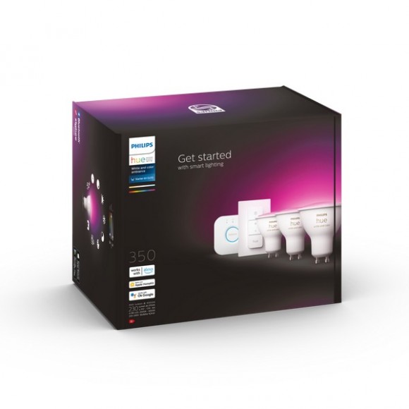 Philips Hue 8719514340107 LED žárovky + Hue Bridge 3x4,3W | GU10 | 350lm | 2000-6500K | RGB - Bluetooth, stmívatelné, White and color ambiance