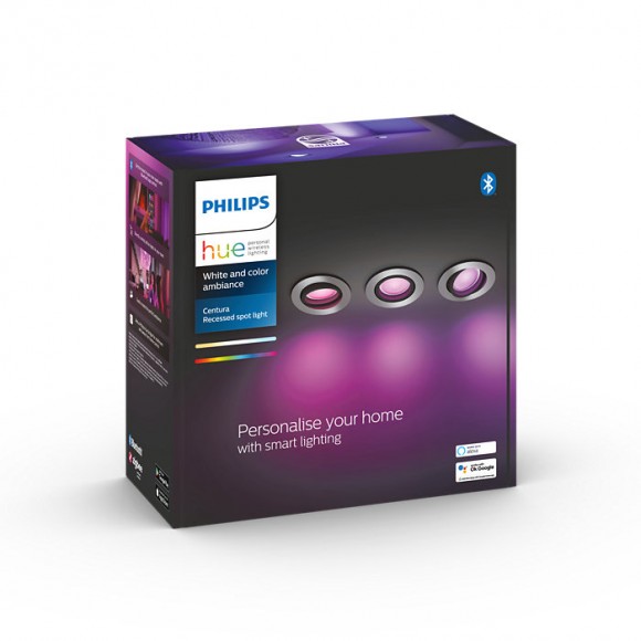Philips Hue 8719514342866 LED zápustné bodové svítidlo Centura 3x5,7W | GU10 | 1050lm | 2200-6500K | RGB - set 3 ks, stmívatelné, Bluetooth, White and color Ambiance, hliník