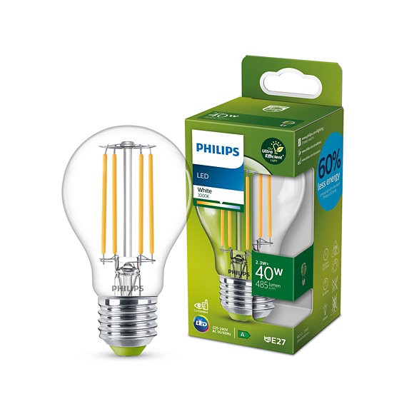 Philips 8719514343726 LED filamentová žárovka 1x2,3W/60W | E27 | 485lm | 3000K - čirá, Ultra Efficient