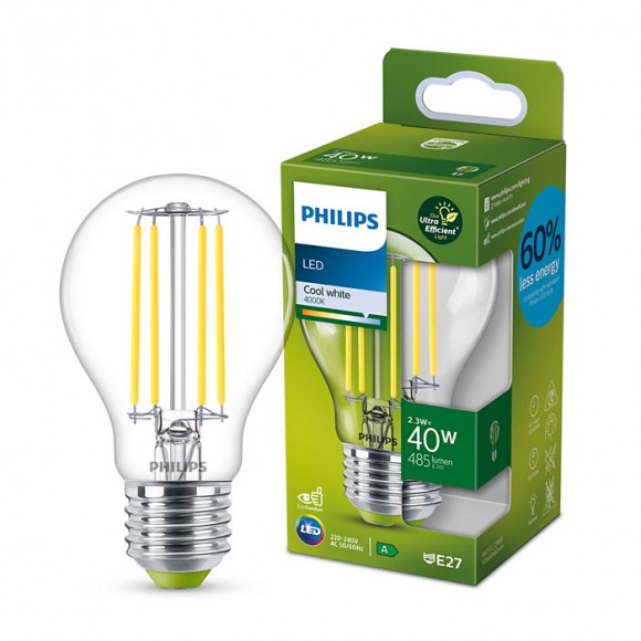 Philips 8719514343740 LED filamentová žárovka 1x2,3W/60W | E27 | 485lm | 4000K - čirá, Ultra Efficient