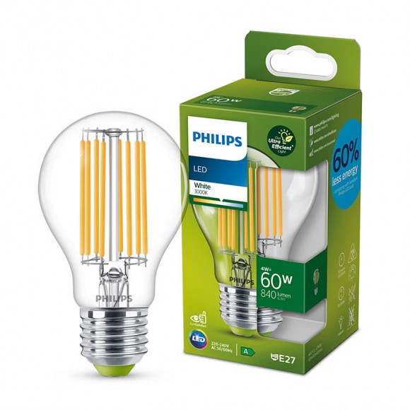 Philips 8719514343788 LED filamentová žárovka 1x4W/60W | E27 | 840lm | 3000K - čirá, Ultra Efficient