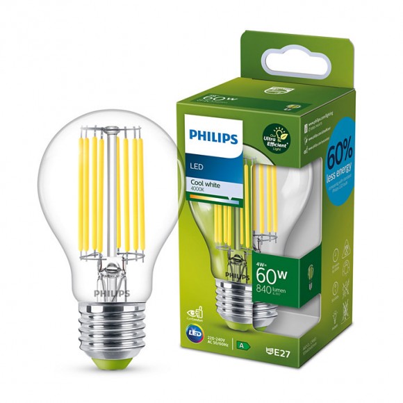 Philips 8719514343801 LED filamentová žárovka 1x4W/60W | E27 | 840lm | 4000K - čirá, Ultra Efficient