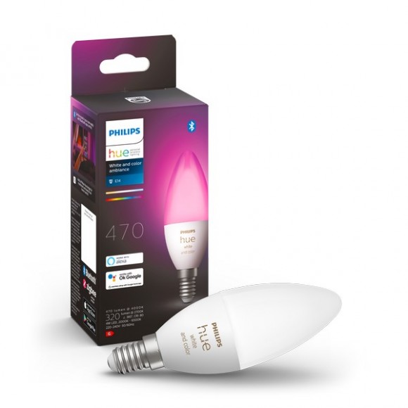 Philips Hue 8719514356610 LED inteligentní žárovka 1x4W | E14 | 320-470lm | 2000-6500K - White and Color Ambiance, stmívatelná, Bluetooth, bílá