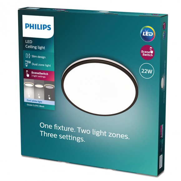 Philips 8719514432048 LED stropní svítidlo Ozziet 1x22W | 2500lm | 4000K - stmívatelné - SceneSwitch, černá