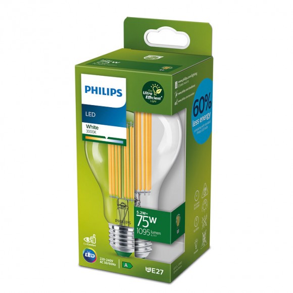 Philips 8719514435674 LED filamentová žárovka 1x5,2W/75W | E27 | 1095lm| 3000K - čirá, Ultra Efficient