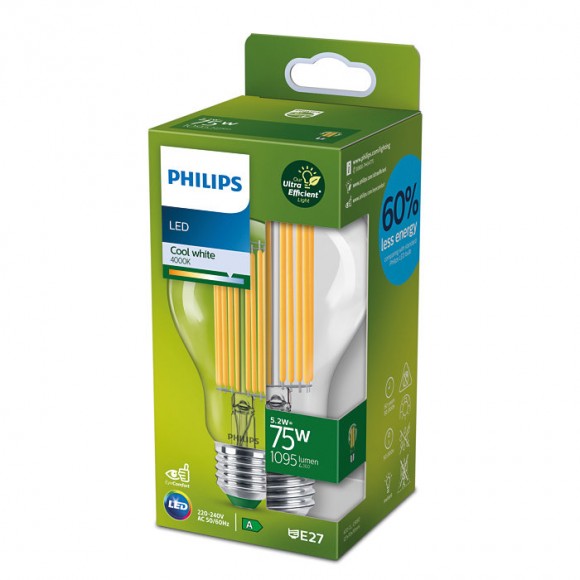 Philips 8719514435698 LED filamentová žárovka 1x5,2W/75W | E27 | 1095lm| 4000K - čirá, Ultra Efficient