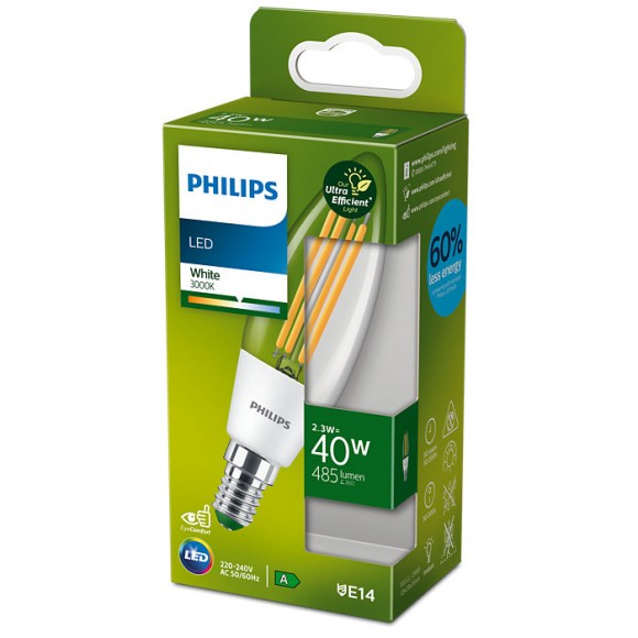Philips 8719514435759 LED filamentová žárovka 1x2,3W/40W | E14 | 485lm | 3000K - čirá, Ultra Efficient
