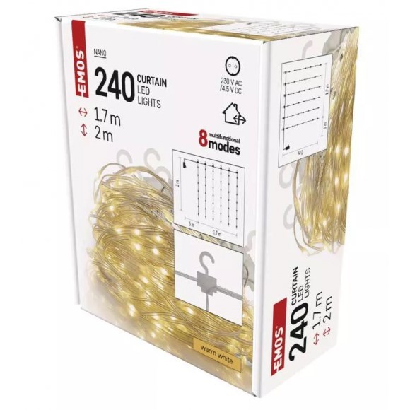 Emos D3EW01 dekorační řetěz - záclona Nano 1,7x2m 2,7W | 240LED | 2700K | IP44 - teplá bílá, 8 módů, čirá