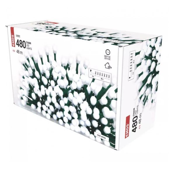 Emos D5AC05 vánoční řetěz Cherry - kuličky 8m  9W | 480LED | IP44 - časovač, studená bílá, zelená