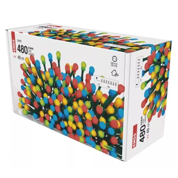Emos D5AM07 vánoční řetěz Cherry - kuličky 48m  9W | 480LED | IP44 - časovač, multicolor, zelená
