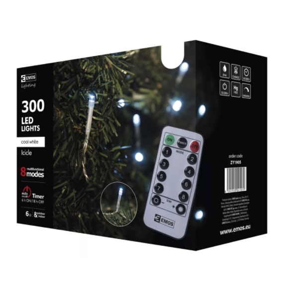 Emos ZY1905 LED vánoční rampouchy 5m 6W | IP44 | 300 žárovek - studená bílá, 8 režimů, dálkový ovladač, časovač