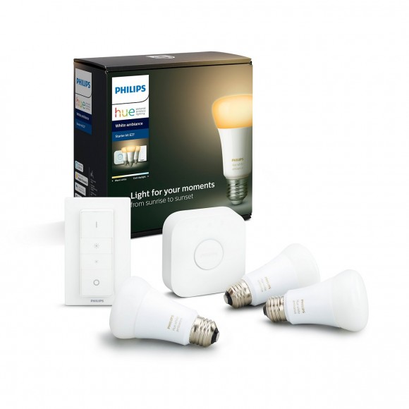 Philips Hue 8718699673345 Starter kit 3x LED žárovka + ovladač Dimmer Switch + Bridge 1x9,5W | E27 | 806lm | 2200-6500K - Bluetooth, White Ambiance