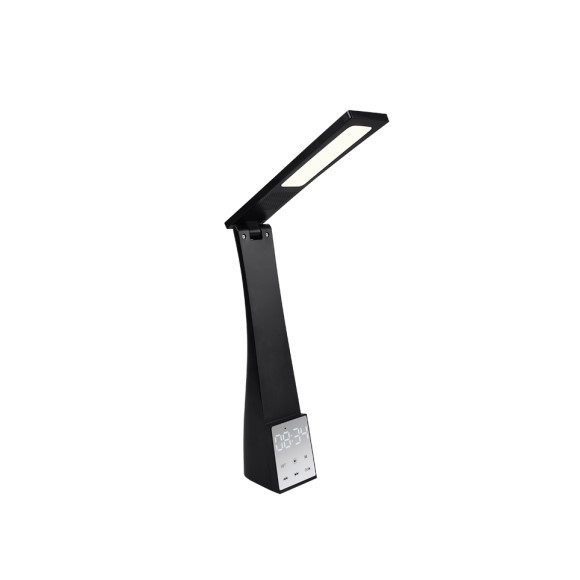 Trio R52681102 LED stolní lampa Linus 1x2W | 135lm | 4500+6000+3000K | IP20 - nastavitelná barva světla, reproduktor Bluetooth, připojení USB s funkcí nabíjení, ukazatel teploty, naklápěcí hlava, dotekový displej, funkce buzení, černá