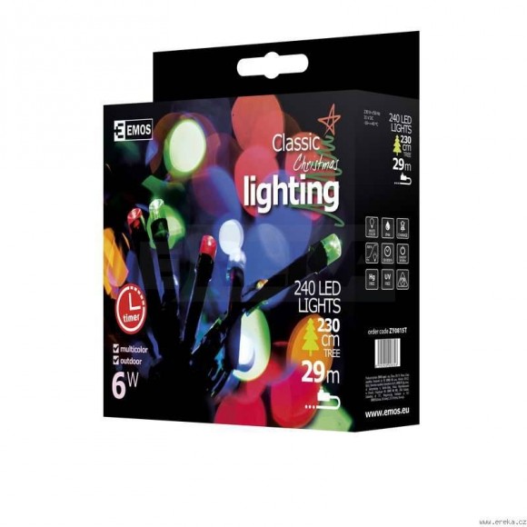 Emos ZY0815T LED vánoční řetěz Classic 24m 6W | IP44 | 240 žárovek - multicolor, časovač