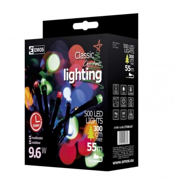 Emos ZY0816T LED vánoční řetěz Classic 50m 9W | IP44 | 500 žárovek - multicolor, časovač