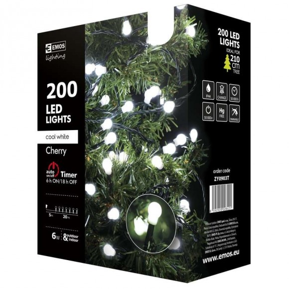 Emos ZY0903T LED vánoční řetěz Cherry 20m 6W | IP44 | 200 žárovek - studená bílá, časovač
