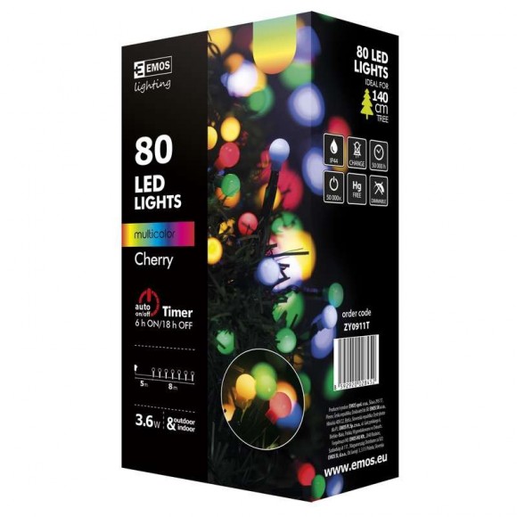 Emos ZY0911T LED vánoční řetěz Cherry 8m 3,6W | IP44 | 80 žárovek - multicolor, časovač
