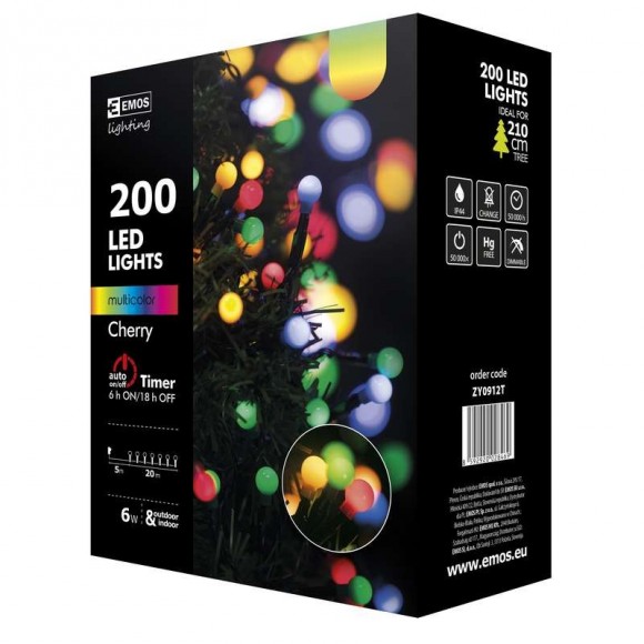 Emos ZY0912T LED vánoční řetěz Cherry 20m 6W | IP44 | 200 žárovek - multicolor, časovač