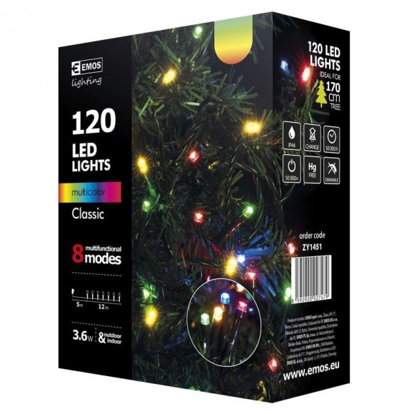 Emos ZY1451 LED vánoční řetěz Classic 12m 3,6W | IP44 | 120 žárovek - multicolor, 8 režimů