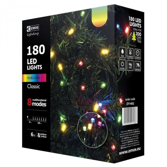 Emos ZY1452 LED vánoční řetěz Classic 18m 6W | IP44 | 180 žárovek - multicolor, 8 režimů