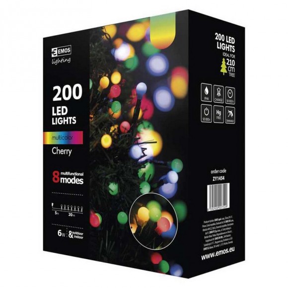 Emos ZY1454 LED vánoční řetěz Cherry 20m 6W | IP44 | 200 žárovek - multicolor, 8 režimů