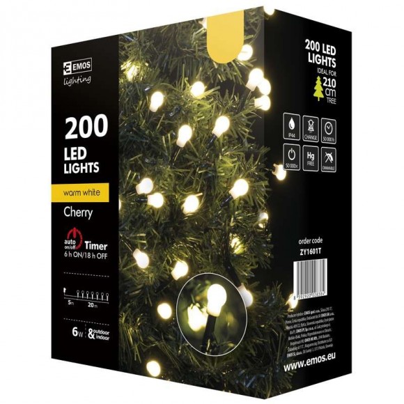Emos ZY1601T LED vánoční řetěz Cherry 20m 6W | IP44 | 200 žárovek - teplá bílá, časovač