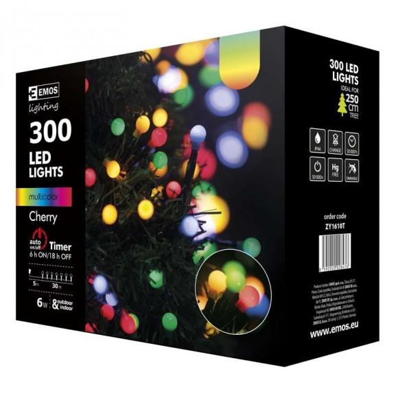 Emos ZY1610T LED vánoční řetěz Cherry 30m 6W | IP44 | 300 žárovek - multicolor, časovač