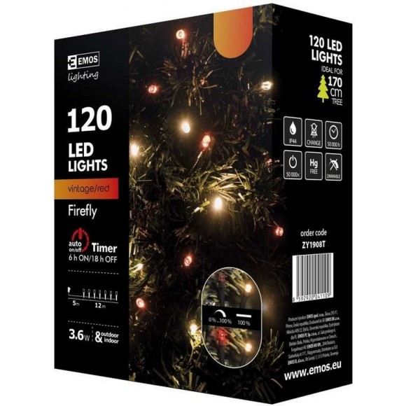 *Emos ZY1908T LED vánoční řetěz Classic 12m 3,6W | IP44 | 120 žárovek - vintage, červená, časovač, funkce 50% svítí, 50% pulzuje