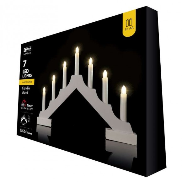 ZY1954 Vánoční svícen bílý 7 LED 2xAA teplá bílá s časovačem