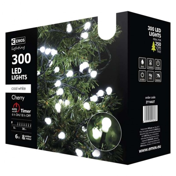 Emos ZY1602T LED vánoční řetěz Cherry 30m 6W | IP44 | 300 žárovek - studená bílá, časovač